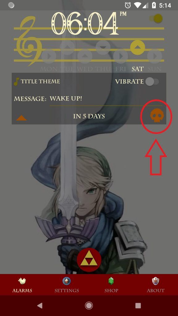 Zelda Alarm delete alarm button